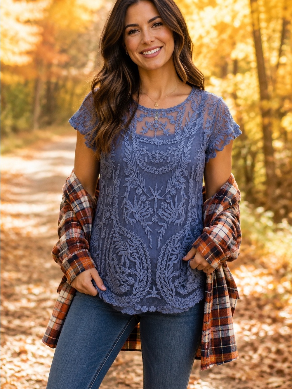 Bobeau Blue Ombré Embroidered Mesh Lace Tunic Top Women’s Medium NWOT